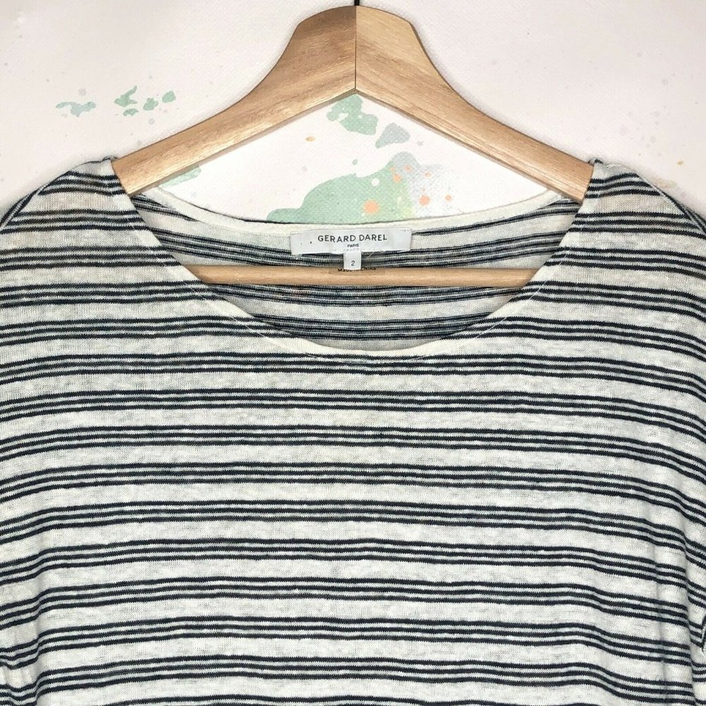 Gerard Darel Size 2 Top Tunic White Black Striped‎ 100% Linen Shirt Round Neck - Picture 2 of 9